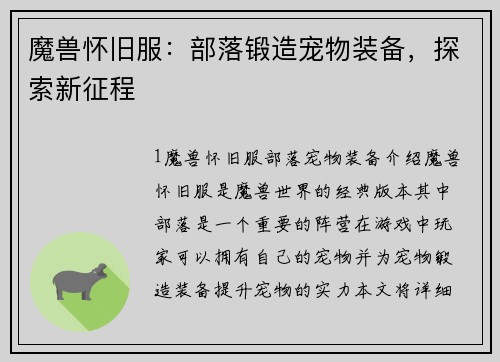 魔兽怀旧服：部落锻造宠物装备，探索新征程